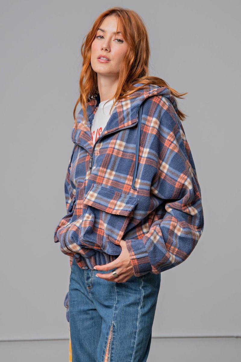 Easel Plaid Fleece Flap Pocket Zip Up Front Loose Fit Relaxed Hoodie Jacket - Roulhac Fashion Boutique