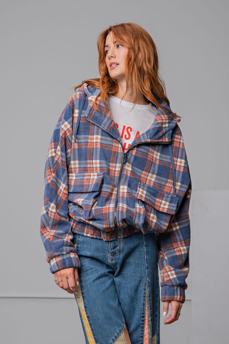 Easel Plaid Fleece Flap Pocket Zip Up Front Loose Fit Relaxed Hoodie Jacket - Roulhac Fashion Boutique