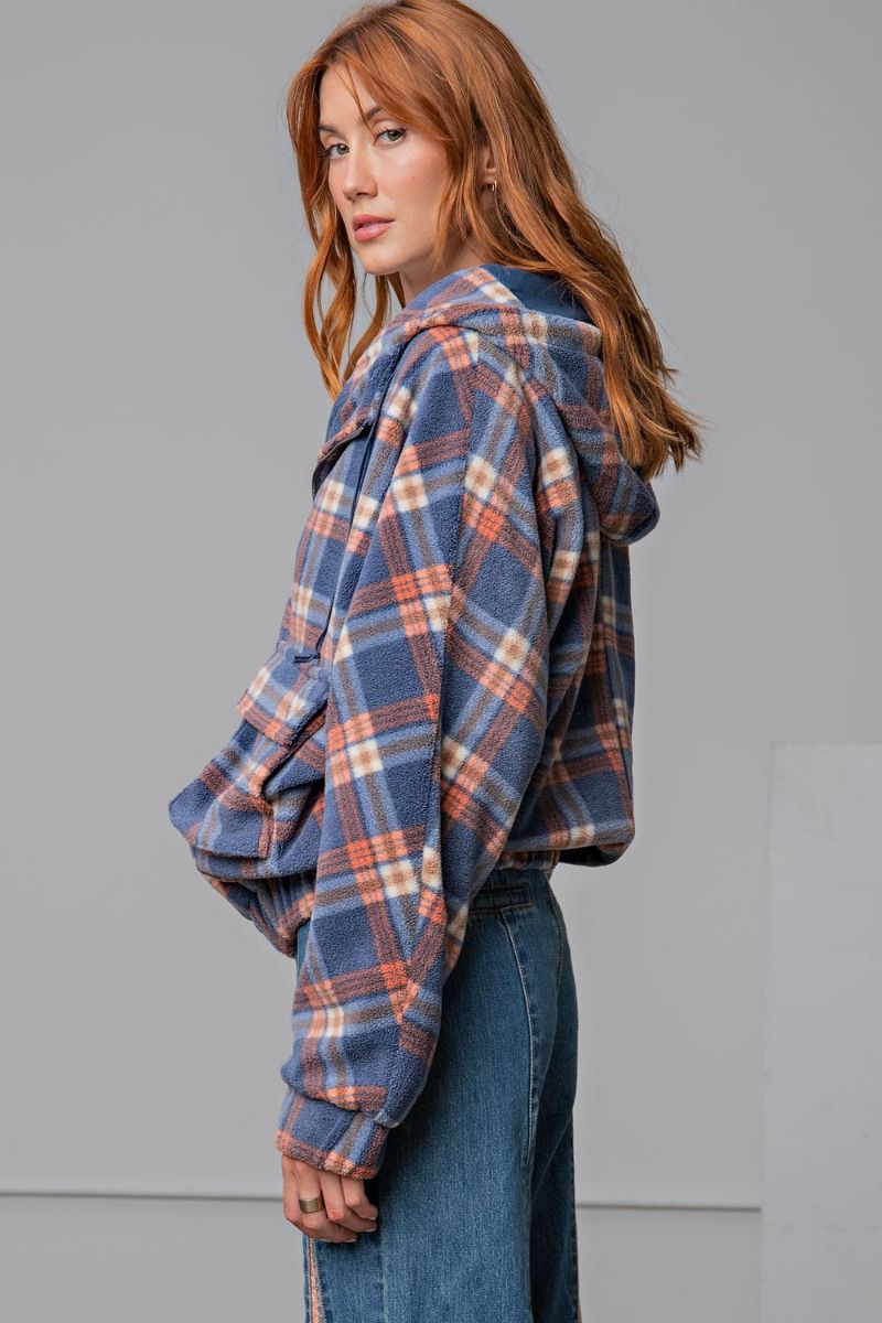Easel Plaid Fleece Flap Pocket Zip Up Front Loose Fit Relaxed Hoodie Jacket - Roulhac Fashion Boutique