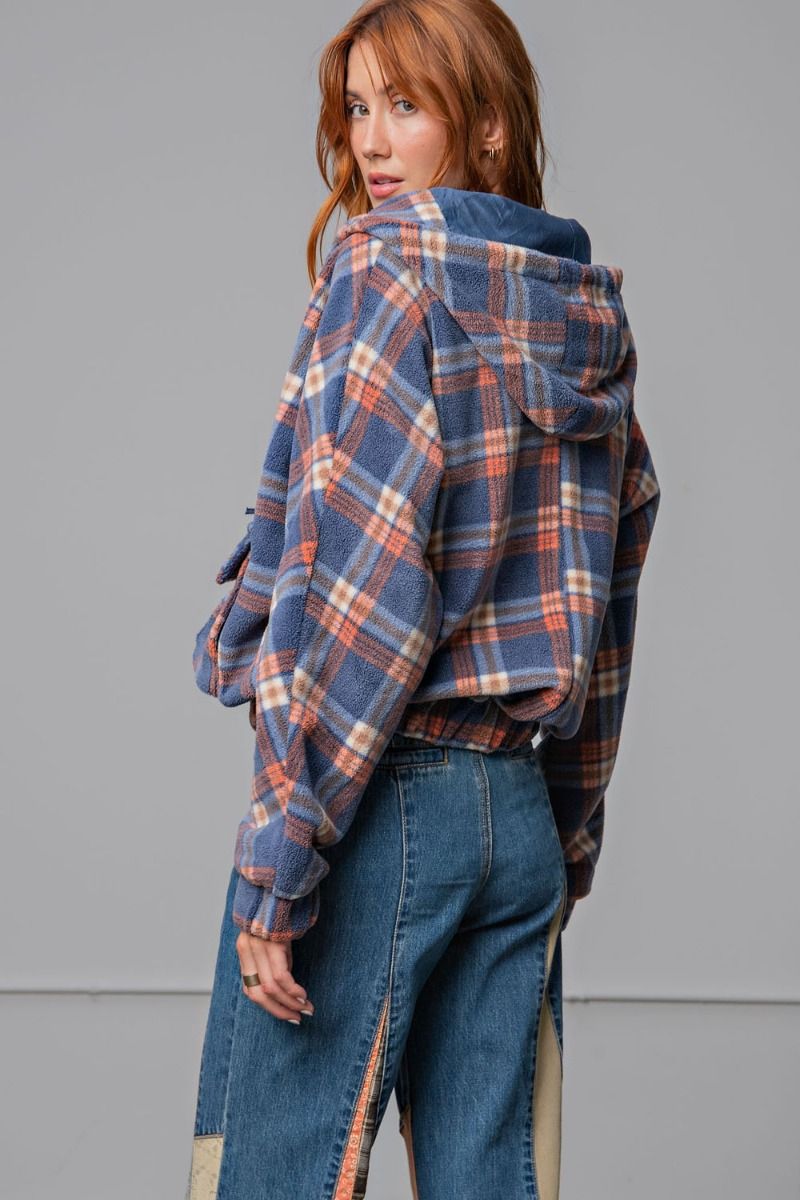 Easel Plaid Fleece Flap Pocket Zip Up Front Loose Fit Relaxed Hoodie Jacket - Roulhac Fashion Boutique