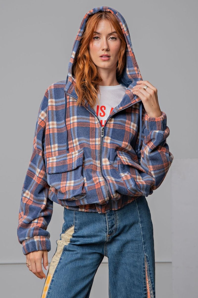 Easel Plaid Fleece Flap Pocket Zip Up Front Loose Fit Relaxed Hoodie Jacket - Roulhac Fashion Boutique