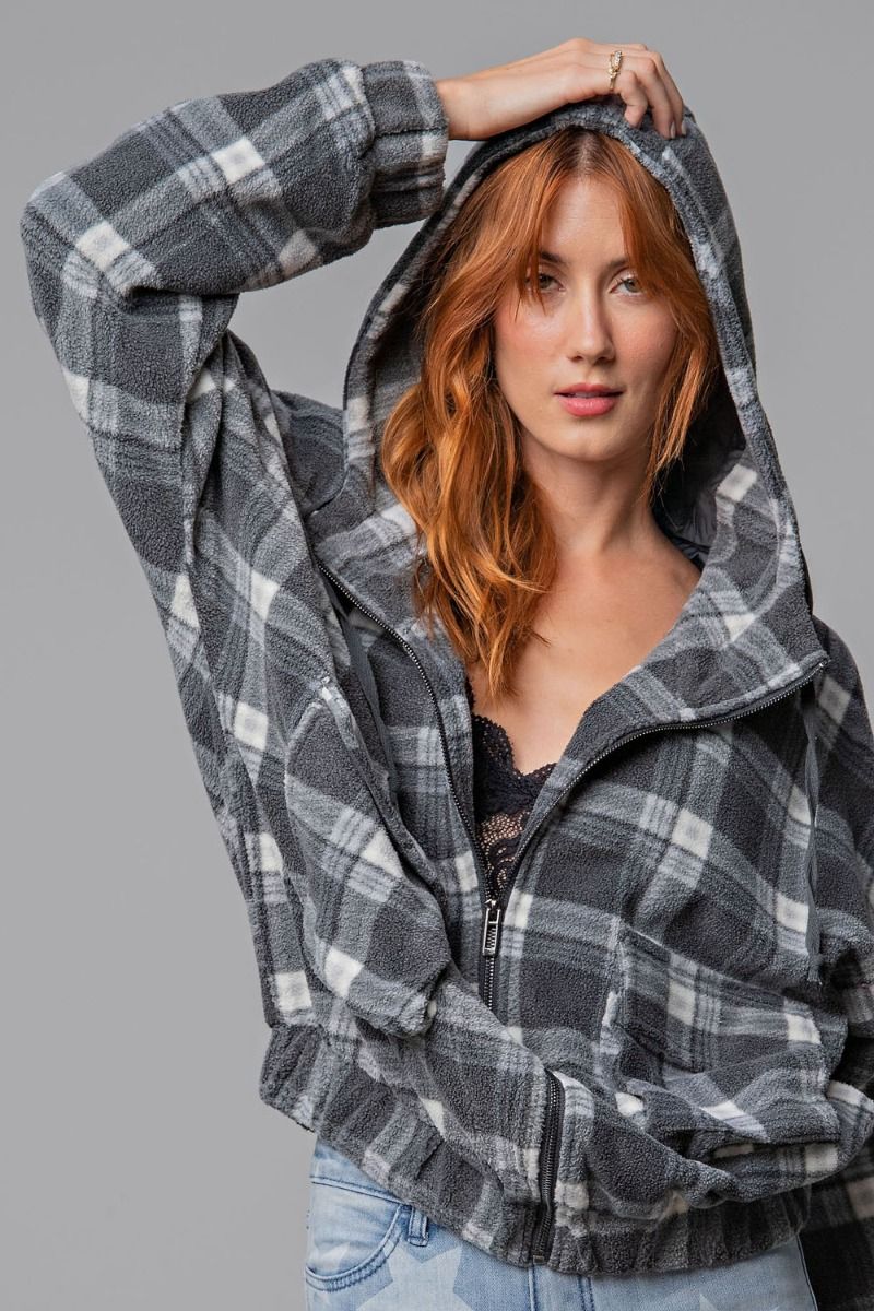 Easel Plaid Fleece Flap Pocket Zip Up Front Loose Fit Relaxed Hoodie Jacket