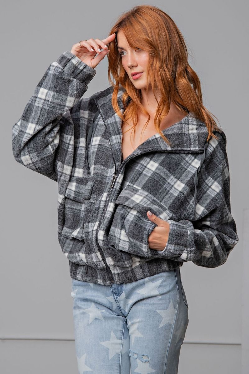 Easel Plaid Fleece Flap Pocket Zip Up Front Loose Fit Relaxed Hoodie Jacket