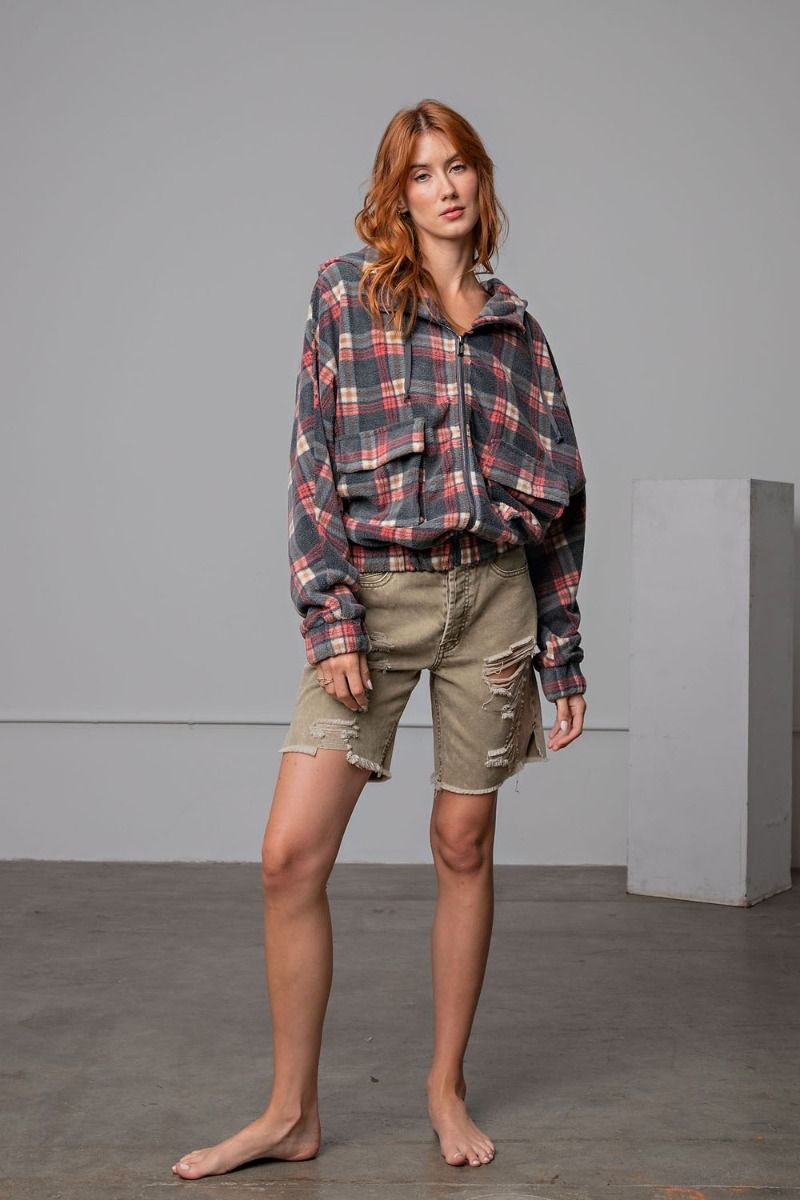 Easel Plaid Fleece Flap Pocket Zip Up Front Loose Fit Relaxed Hoodie Jacket - Roulhac Fashion Boutique