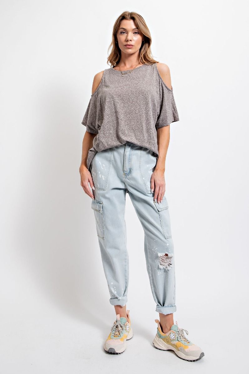 Easel Cold Shoulder Cotton Slub Rounded Neck Boxy Slits Tunic Top - Roulhac Fashion Boutique