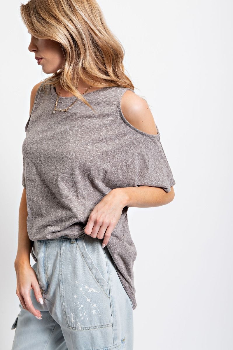 Easel Cold Shoulder Cotton Slub Rounded Neck Boxy Slits Tunic Top - Roulhac Fashion Boutique