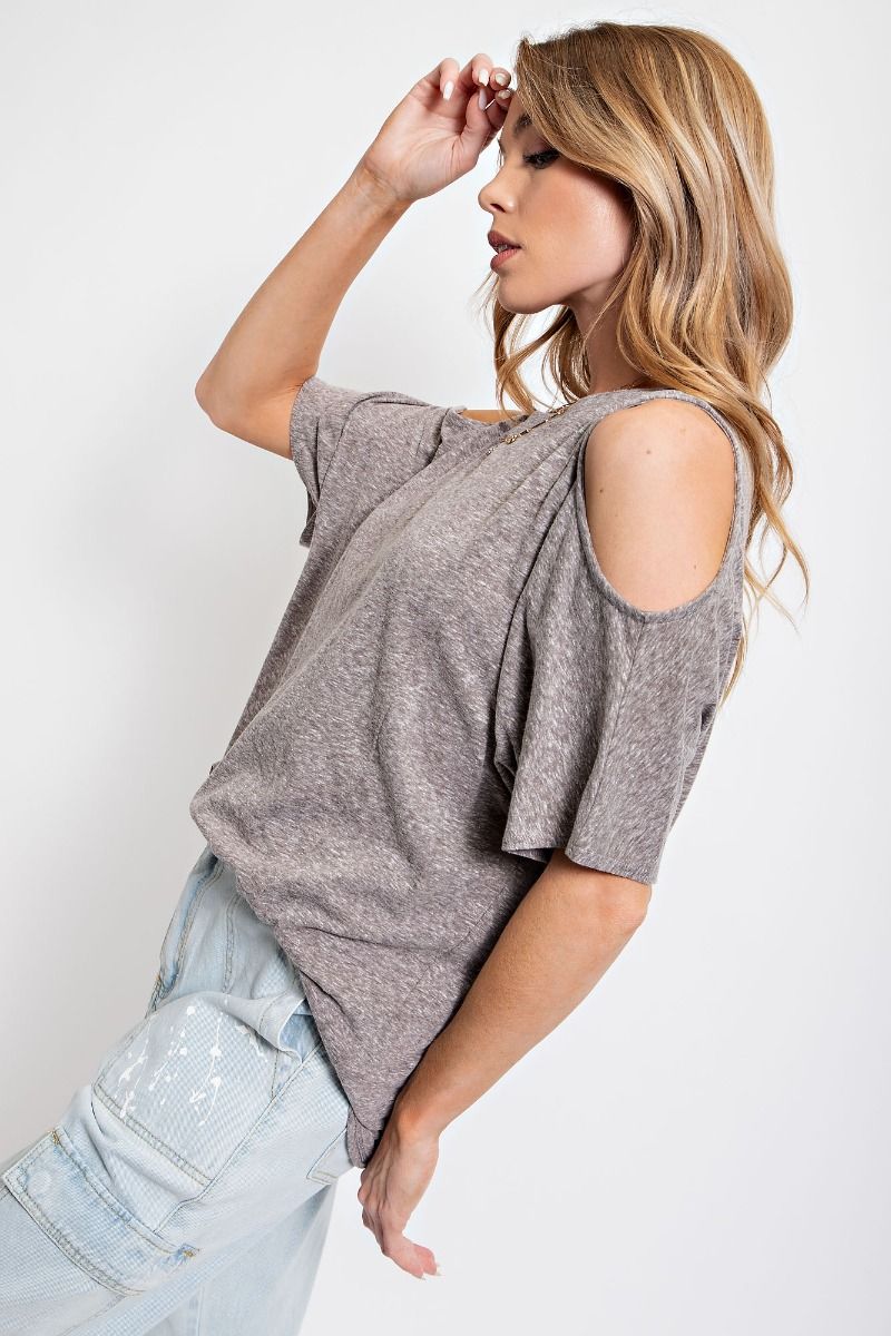 Easel Cold Shoulder Cotton Slub Rounded Neck Boxy Slits Tunic Top - Roulhac Fashion Boutique