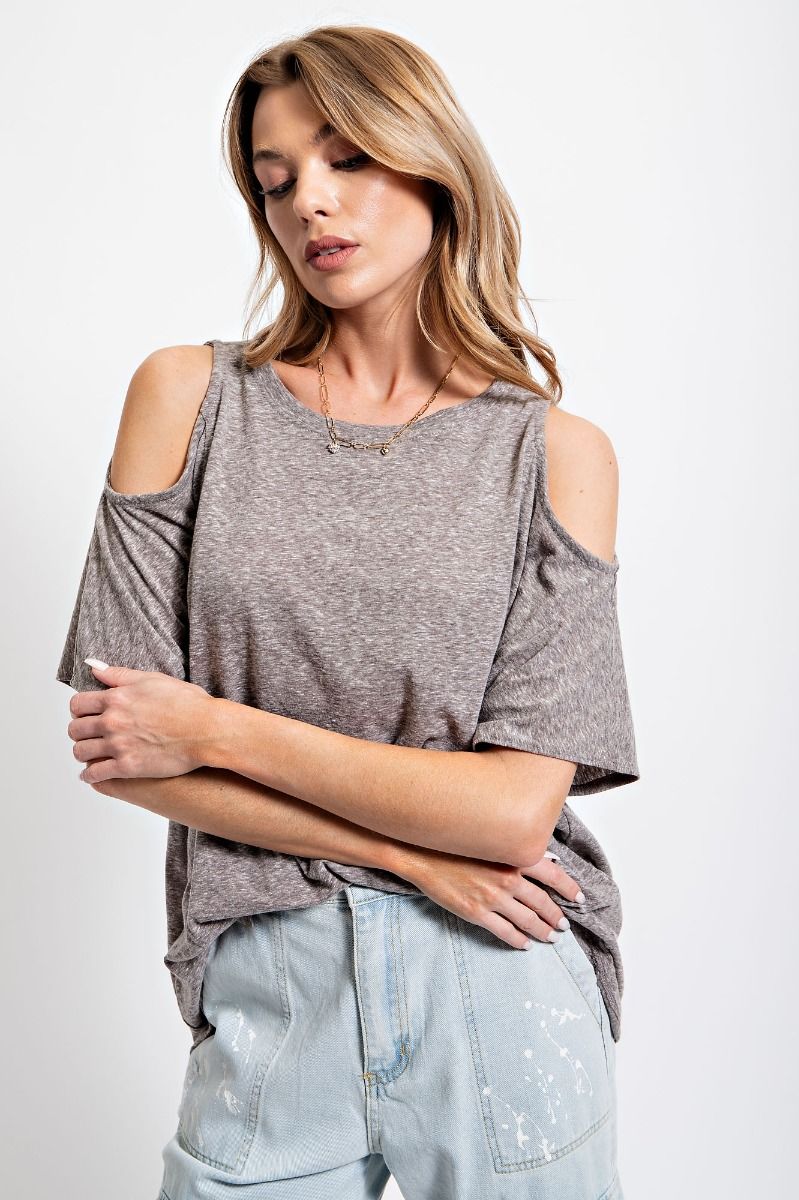 Easel Cold Shoulder Cotton Slub Rounded Neck Boxy Slits Tunic Top - Roulhac Fashion Boutique