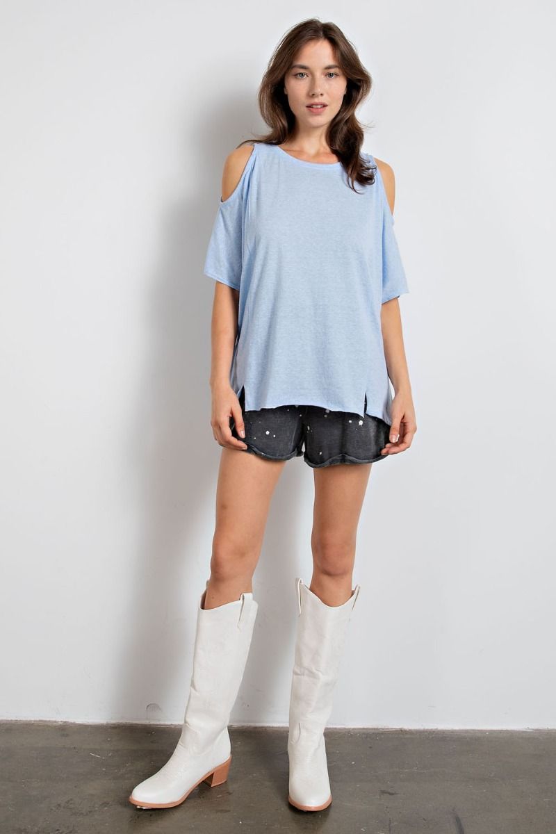 Easel Cold Shoulder Cotton Slub Rounded Neck Boxy Slits Tunic Top - Roulhac Fashion Boutique