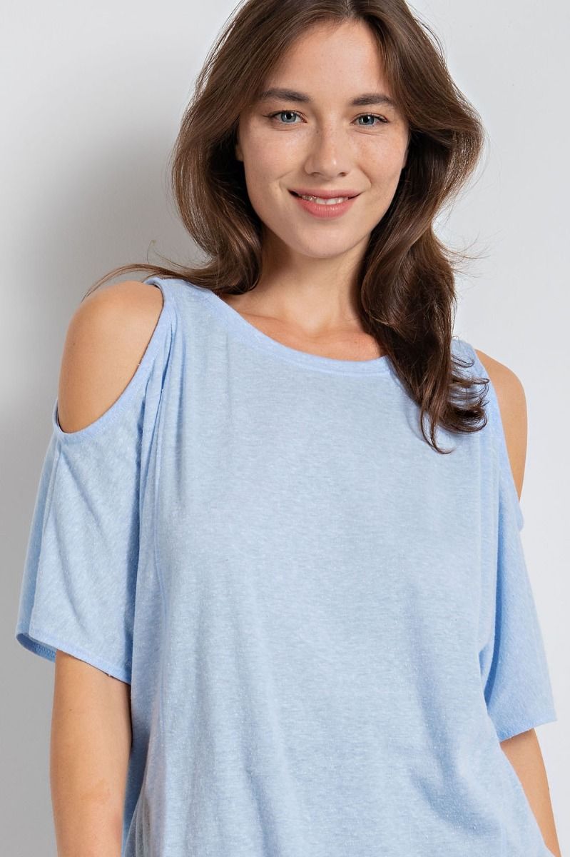 Easel Cold Shoulder Cotton Slub Rounded Neck Boxy Slits Tunic Top - Roulhac Fashion Boutique