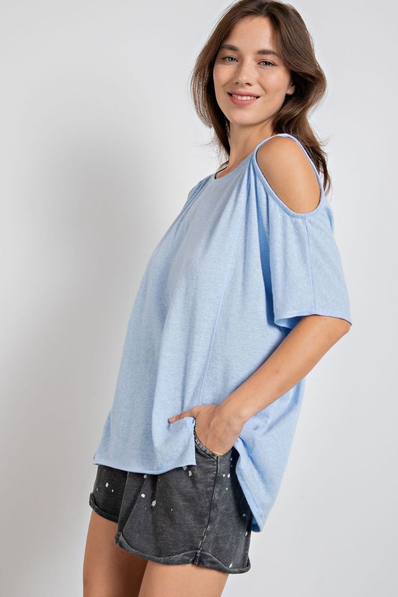 Easel Cold Shoulder Cotton Slub Rounded Neck Boxy Slits Tunic Top - Roulhac Fashion Boutique