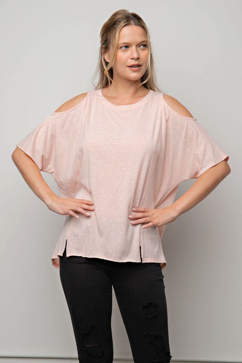 Easel Cold Shoulder Cotton Slub Rounded Neck Boxy Slits Tunic Top