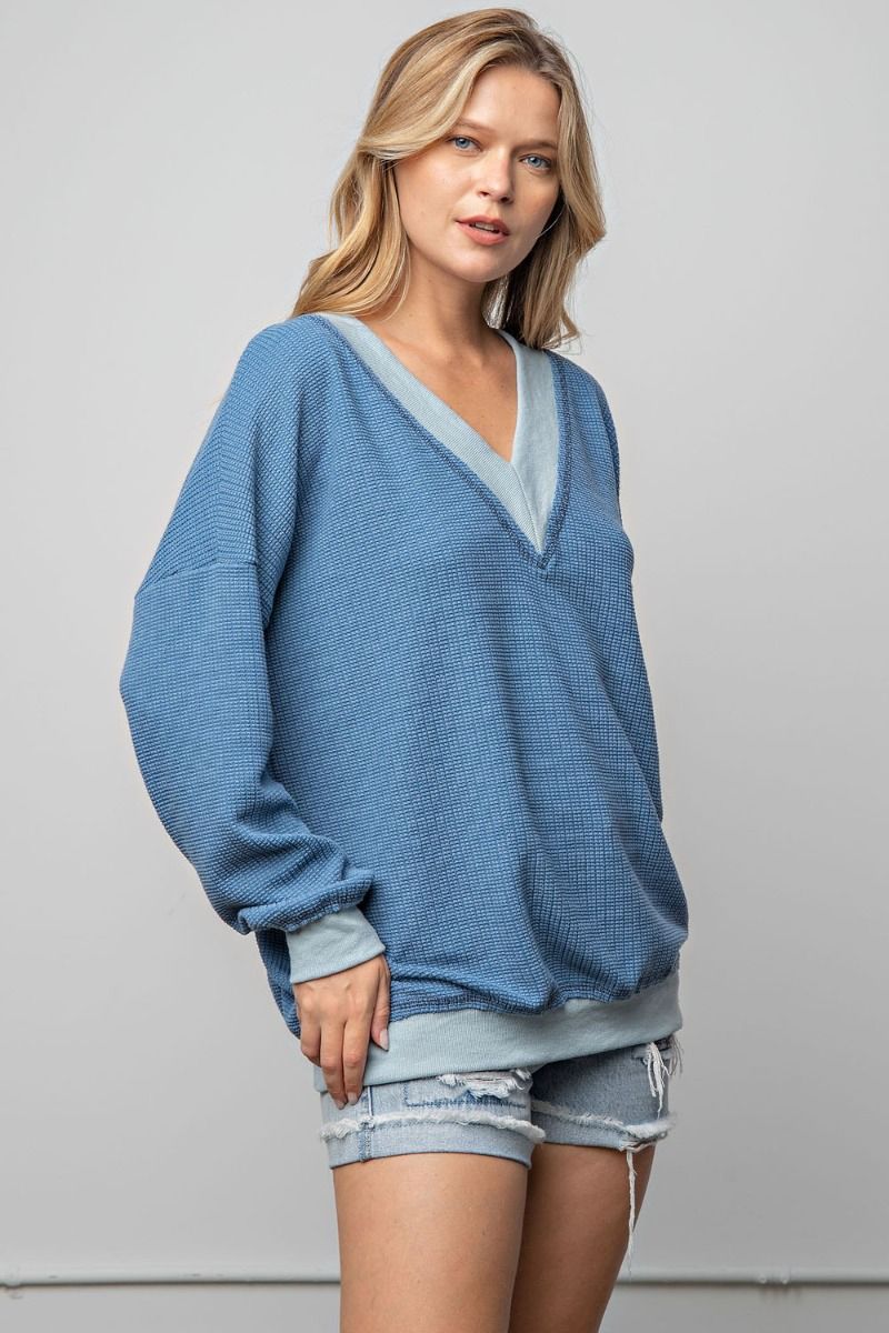 Easel Dropped Shoulders Double V Neck Banded Loose Fit Thermal Top - Roulhac Fashion Boutique