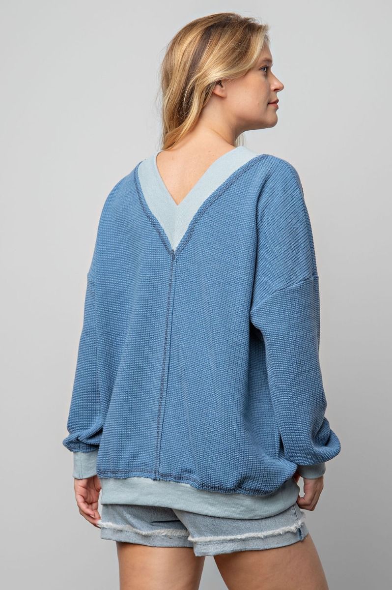 Easel Dropped Shoulders Double V Neck Banded Loose Fit Thermal Top - Roulhac Fashion Boutique