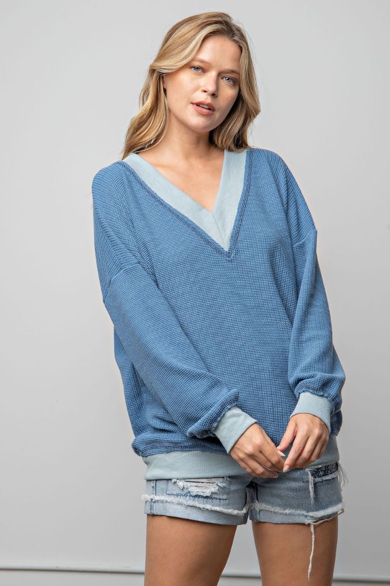 Easel Dropped Shoulders Double V Neck Banded Loose Fit Thermal Top - Roulhac Fashion Boutique