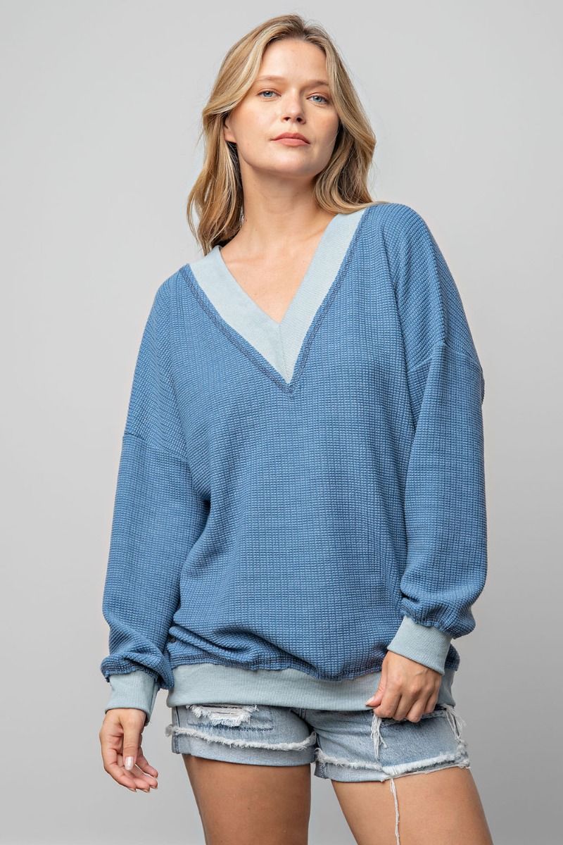 Easel Dropped Shoulders Double V Neck Banded Loose Fit Thermal Top - Roulhac Fashion Boutique