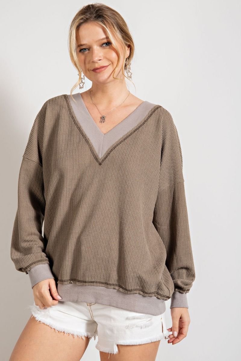 Easel Dropped Shoulders Double V Neck Banded Loose Fit Thermal Top - Roulhac Fashion Boutique