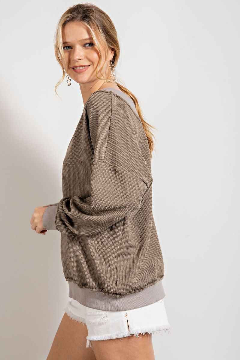 Easel Dropped Shoulders Double V Neck Banded Loose Fit Thermal Top - Roulhac Fashion Boutique