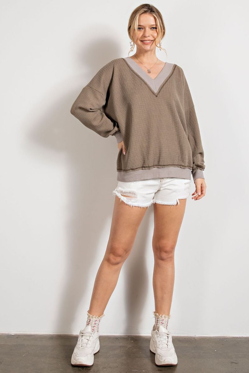 Easel Dropped Shoulders Double V Neck Banded Loose Fit Thermal Top - Roulhac Fashion Boutique