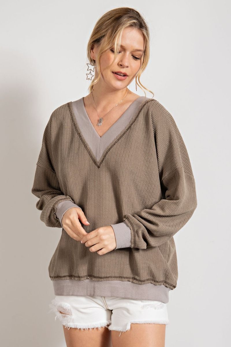 Easel Dropped Shoulders Double V Neck Banded Loose Fit Thermal Top - Roulhac Fashion Boutique