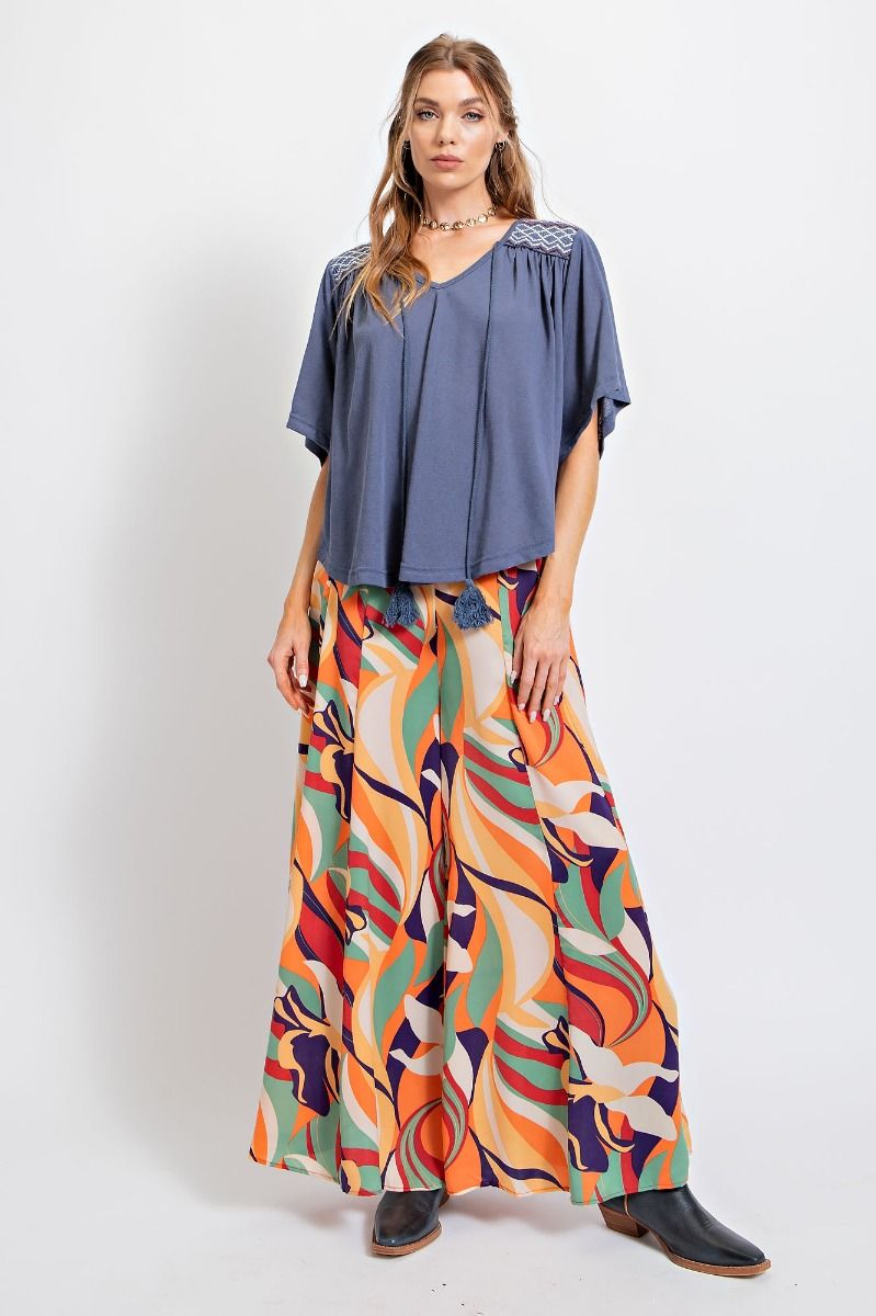 Easel Cotton Tie Neck Curved Bottom Hem Closure Swing Loose Fit Top - Roulhac Fashion Boutique