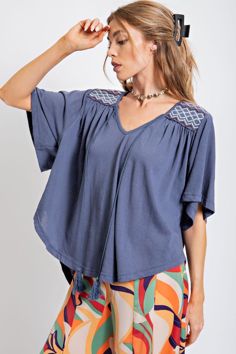 Easel Cotton Tie Neck Curved Bottom Hem Closure Swing Loose Fit Top - Roulhac Fashion Boutique