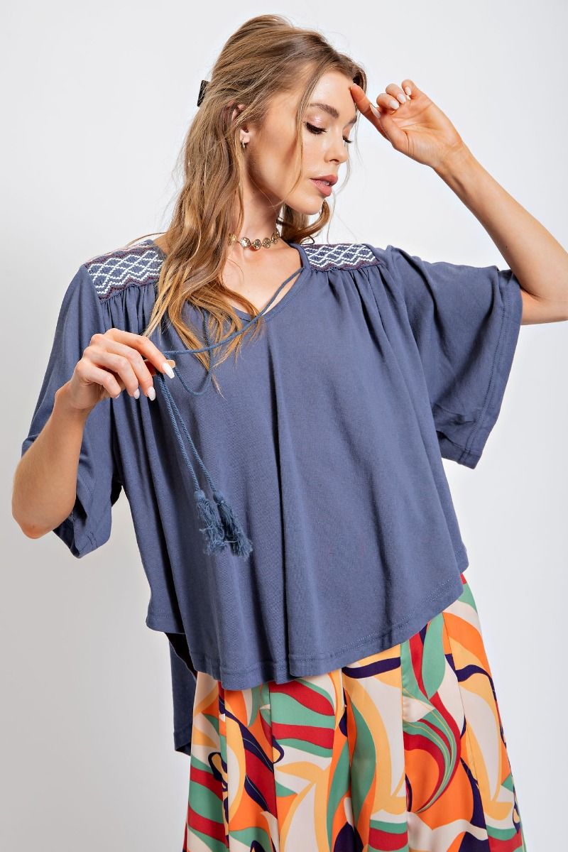 Easel Cotton Tie Neck Curved Bottom Hem Closure Swing Loose Fit Top - Roulhac Fashion Boutique