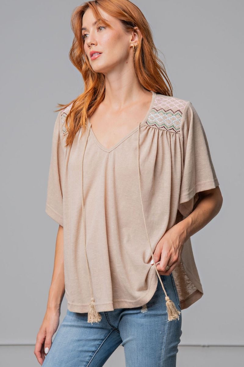 Easel Cotton Tie Neck Curved Bottom Hem Closure Swing Loose Fit Top