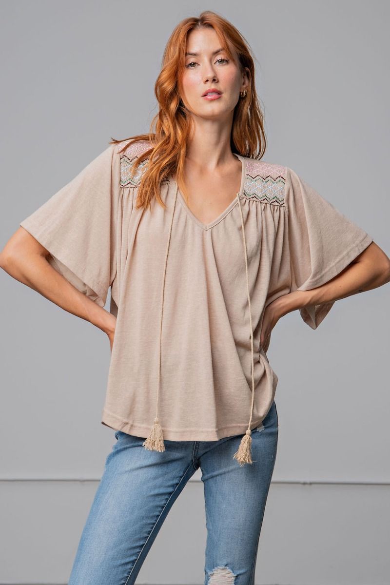 Easel Cotton Tie Neck Curved Bottom Hem Closure Swing Loose Fit Top