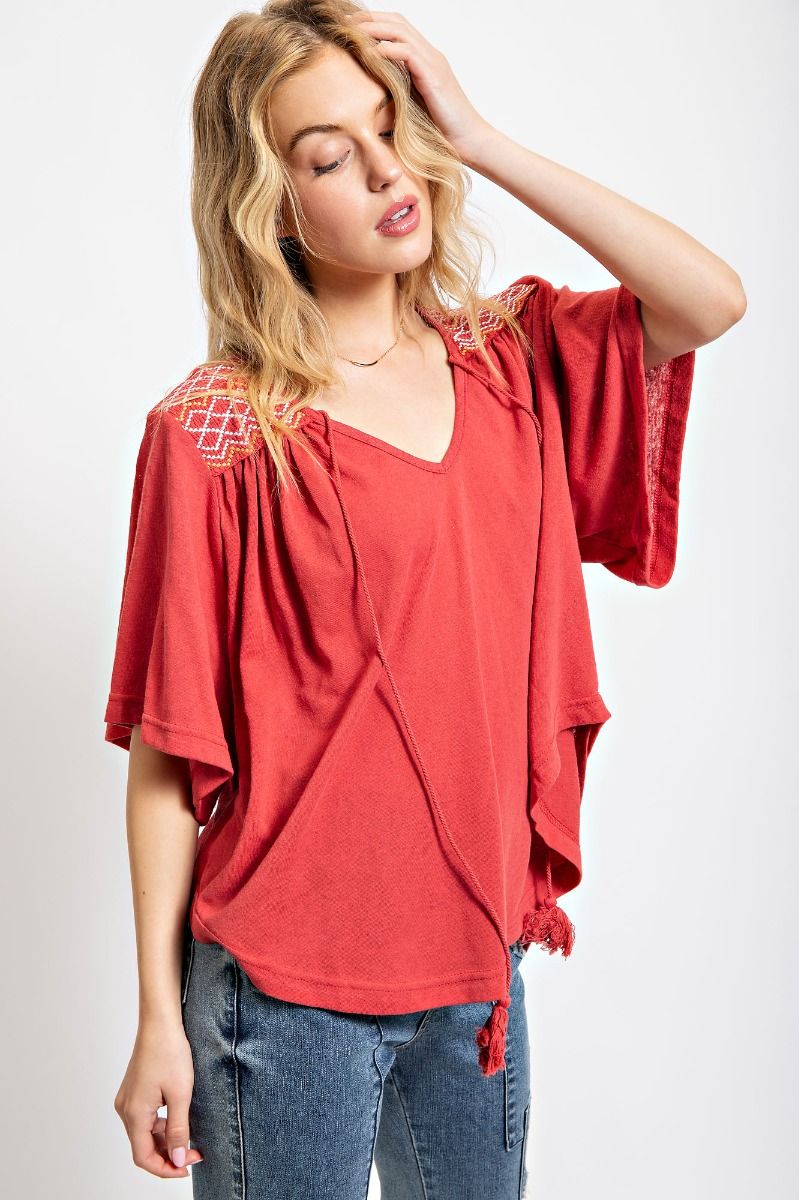 Easel Cotton Tie Neck Curved Bottom Hem Closure Swing Loose Fit Top - Roulhac Fashion Boutique