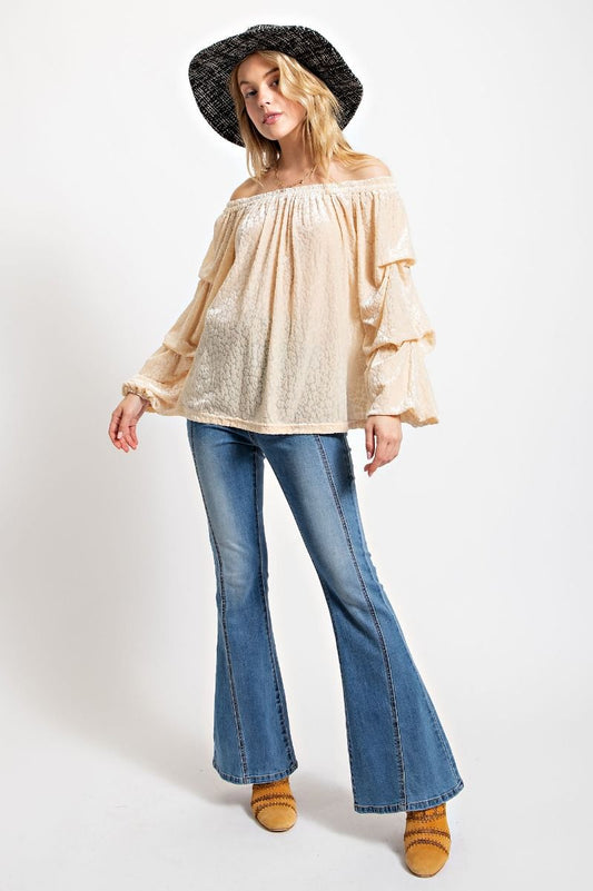 Easel Burnout Velvet Off Shoulder Elasticized Neck Slouchy Fit Top - Roulhac Fashion Boutique