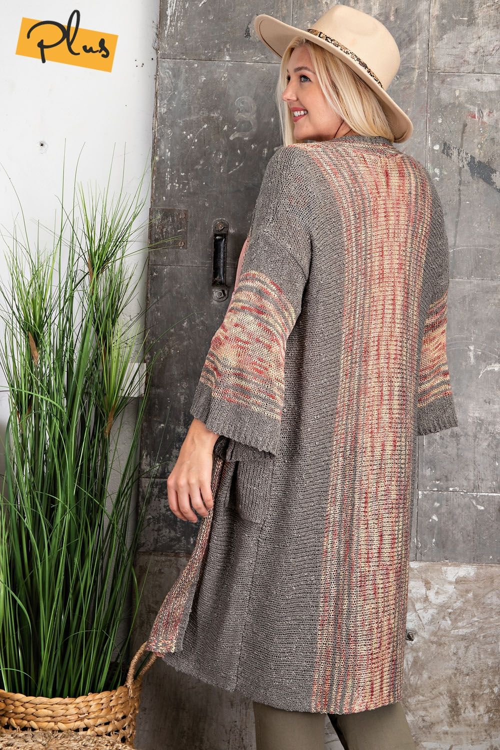 Easel Plus Knit Open Front Cardigan Side Pockets Wide Sleeve Sweater - Roulhac Fashion Boutique