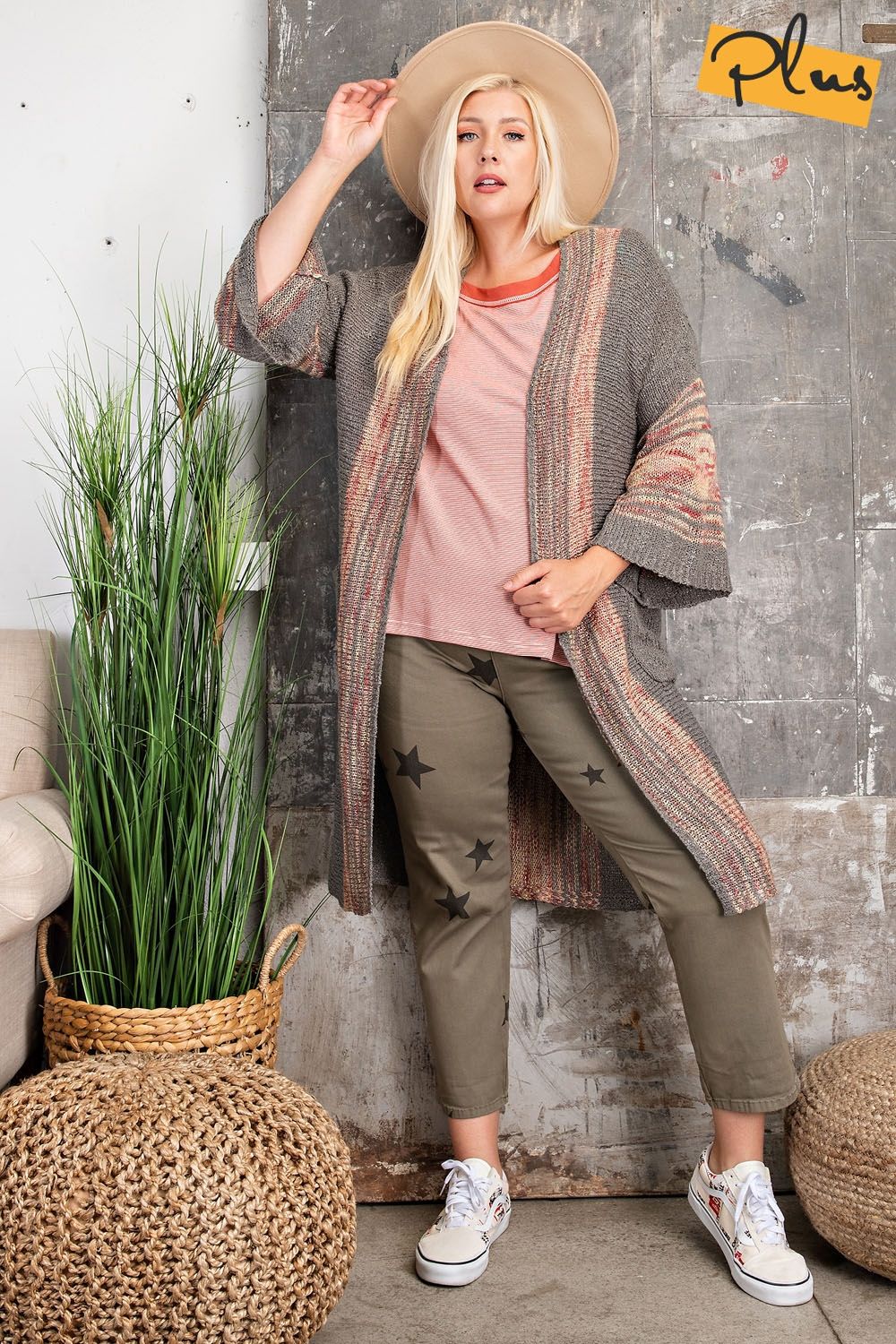 Easel Plus Knit Open Front Cardigan Side Pockets Wide Sleeve Sweater - Roulhac Fashion Boutique