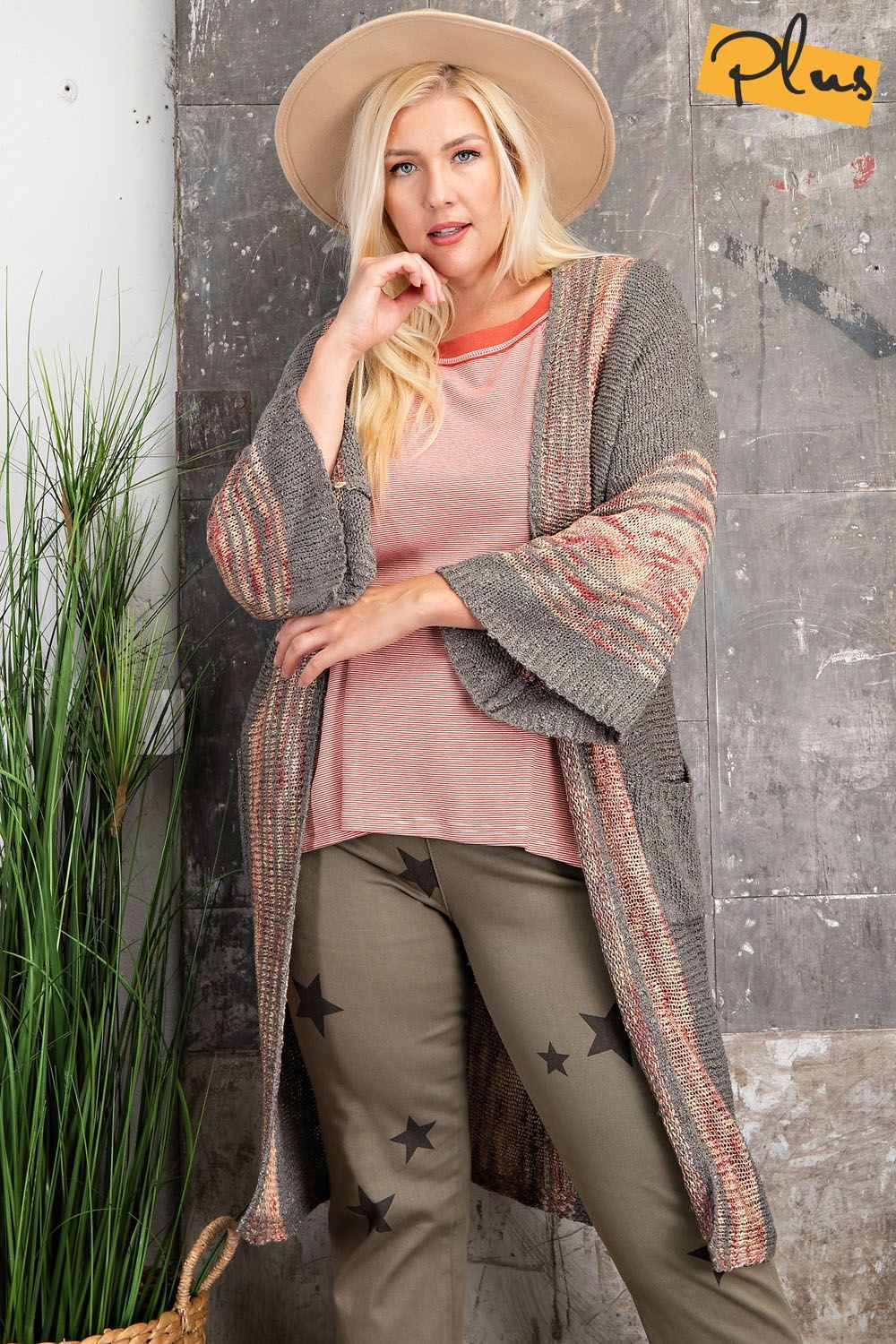 Easel Plus Knit Open Front Cardigan Side Pockets Wide Sleeve Sweater - Roulhac Fashion Boutique