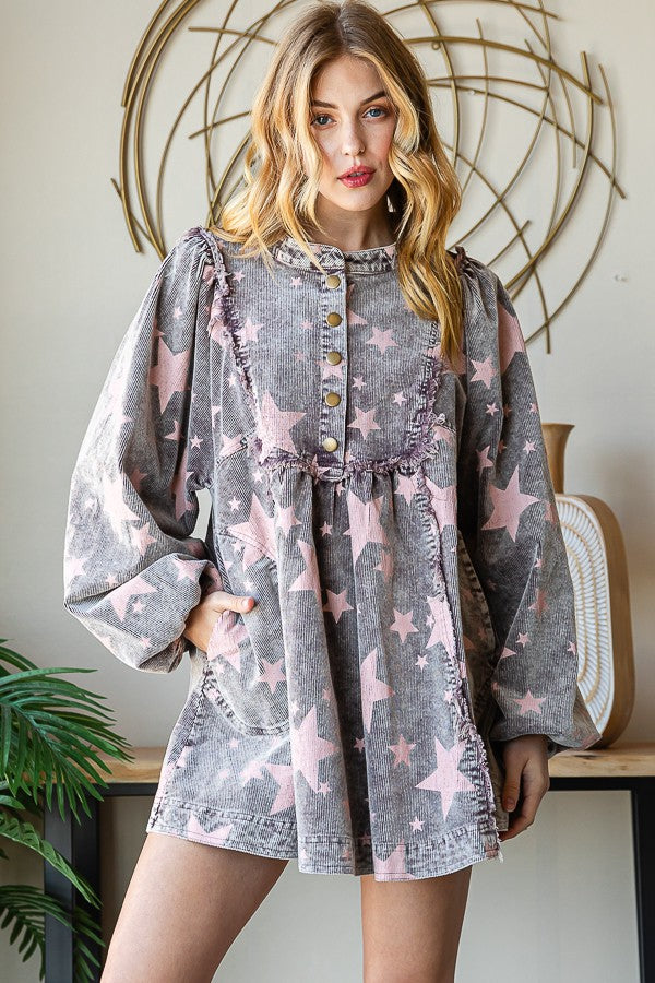 Oli & Hali Washed Star Print Corduroy Babydoll Top