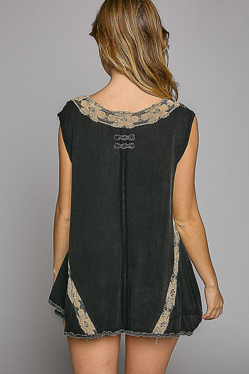 POL Solid Sleeveless V Neck Trim Detail Knit Top