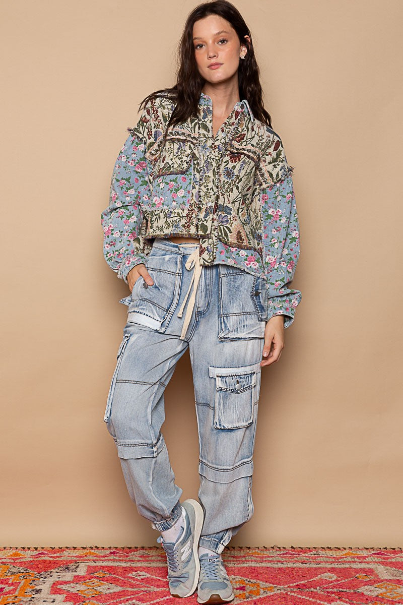 POL Oversized Fit Floral Print Hi-Lo Oversized Fit Denim Jacket