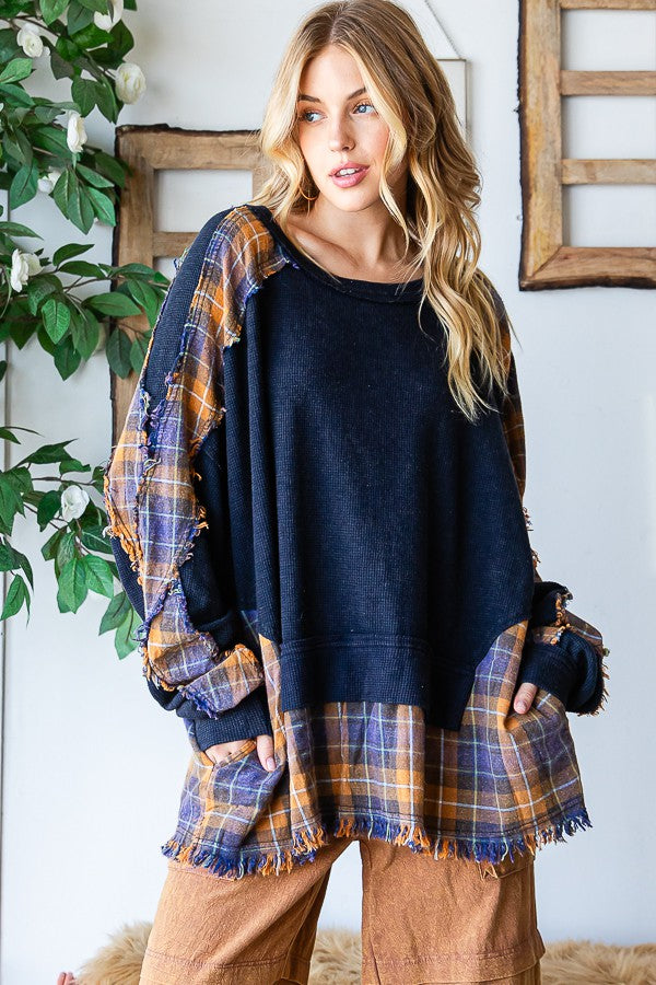 Oli & Hali Washed Long Sleeve Plaid Detail Top