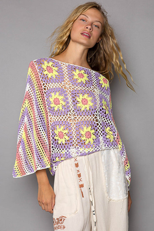 POL Color Block Pattern Oversize Hand Made Sweater Top