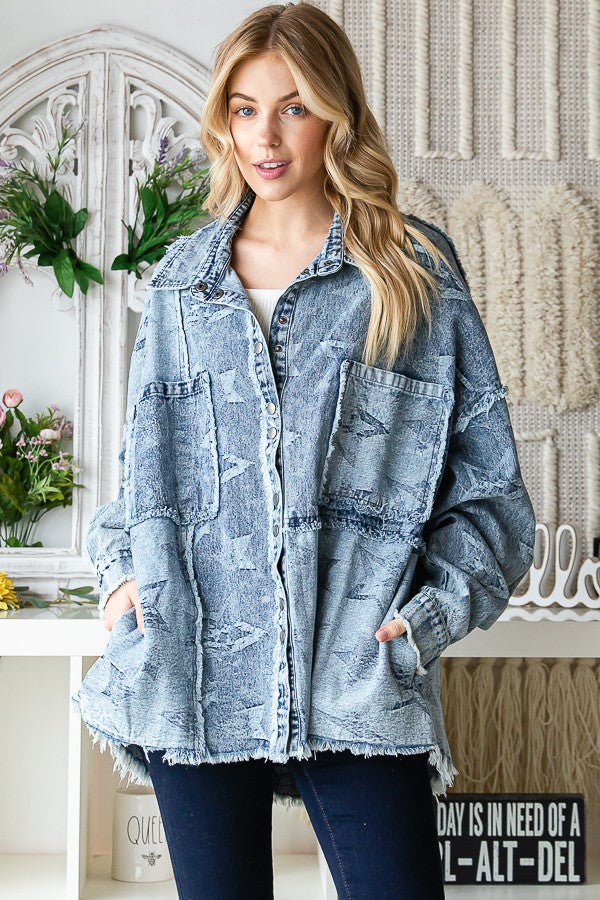 Oli & Hali Star Texture Denim Washed Oversize Shirts Jacket
