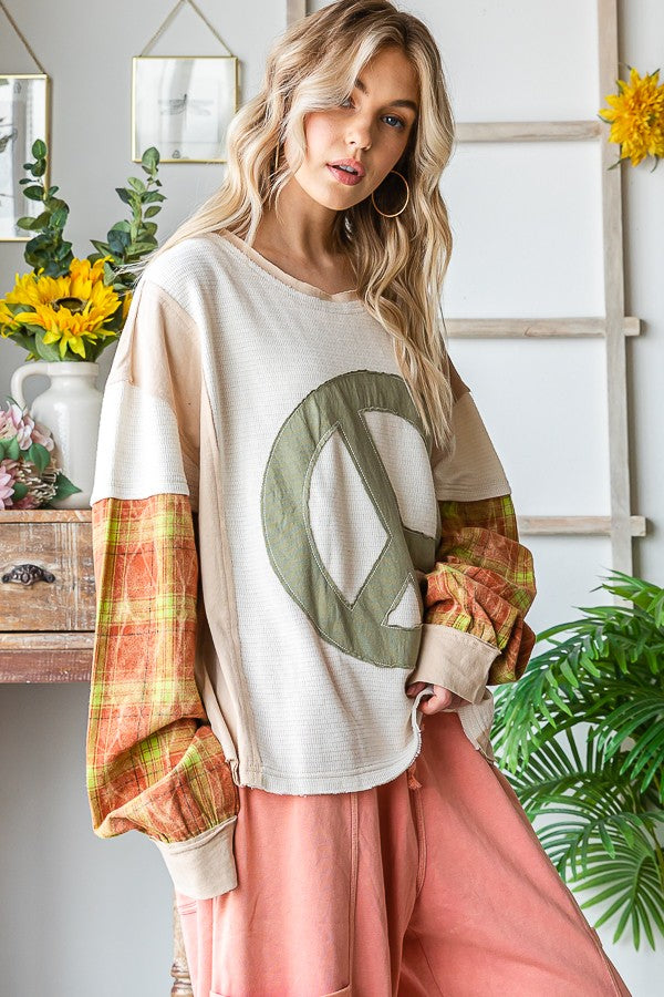 Oli & Hali Peace Applique Plaid Sleeve Pullover Top