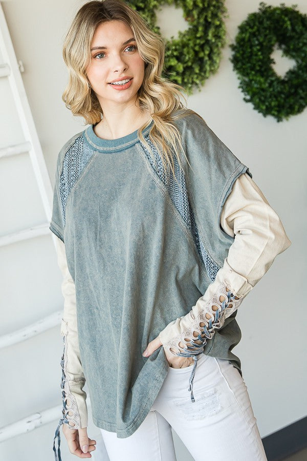 Oli & Hali Mineral Washed Lace Up Cuffs Top