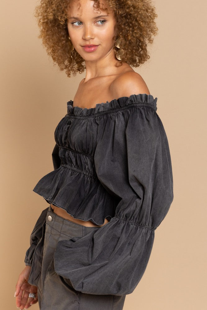 POL Off-shoulder Crop Length Long Sleeve Poplin Ruffled Top