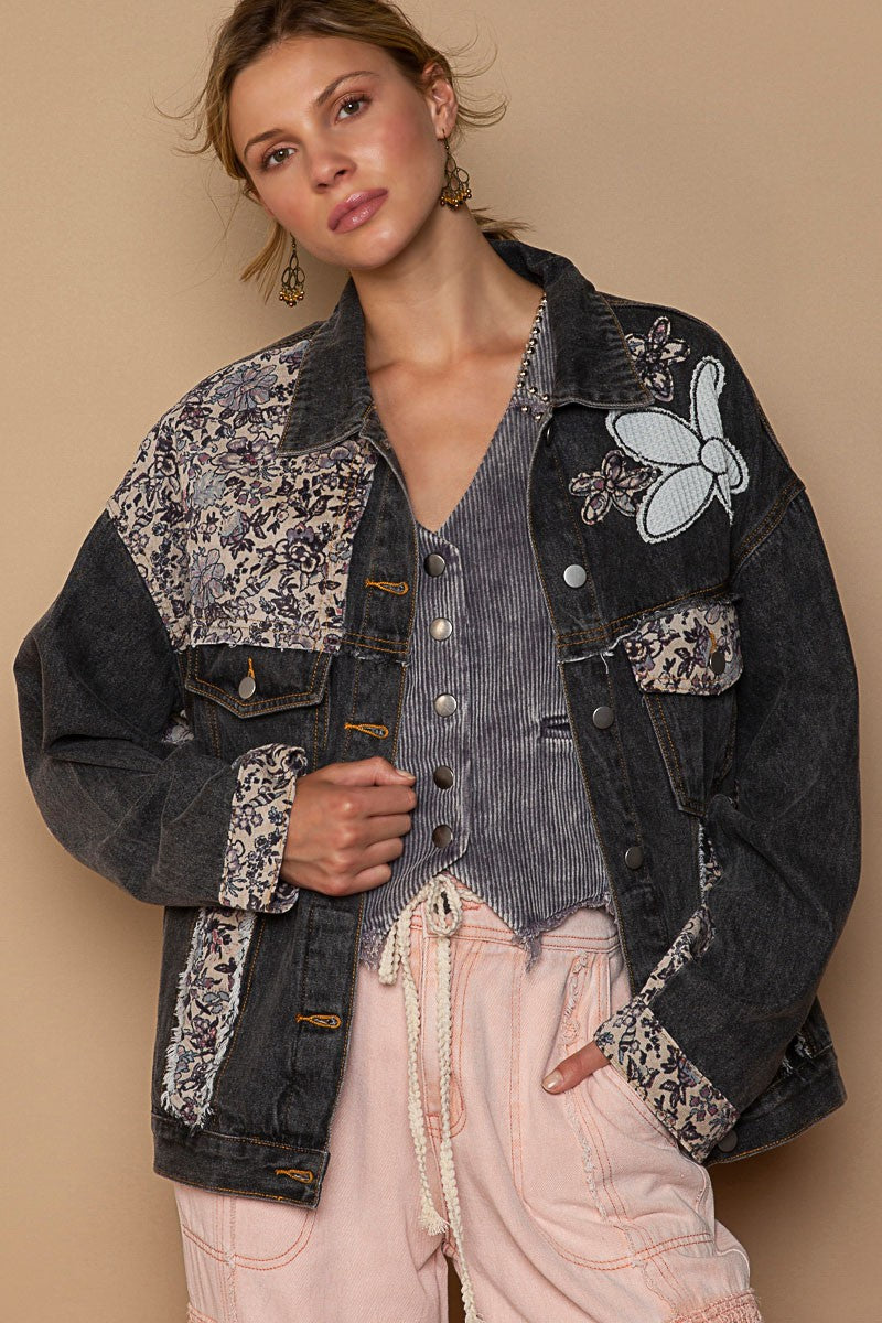POL Lace Floral Patch Work Button Down Collared Denim Jacket