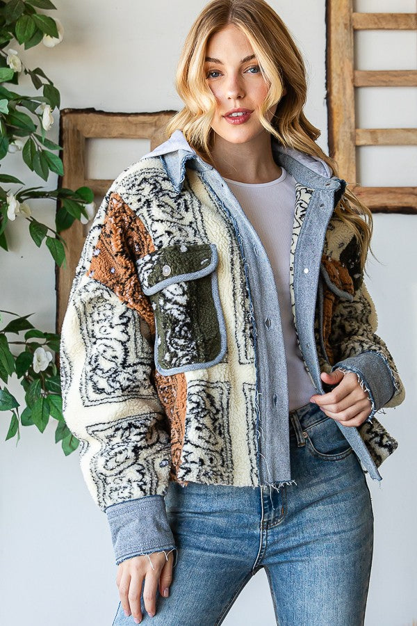 Oli & Hali Bandana Print Mixed Sherpa Jacket