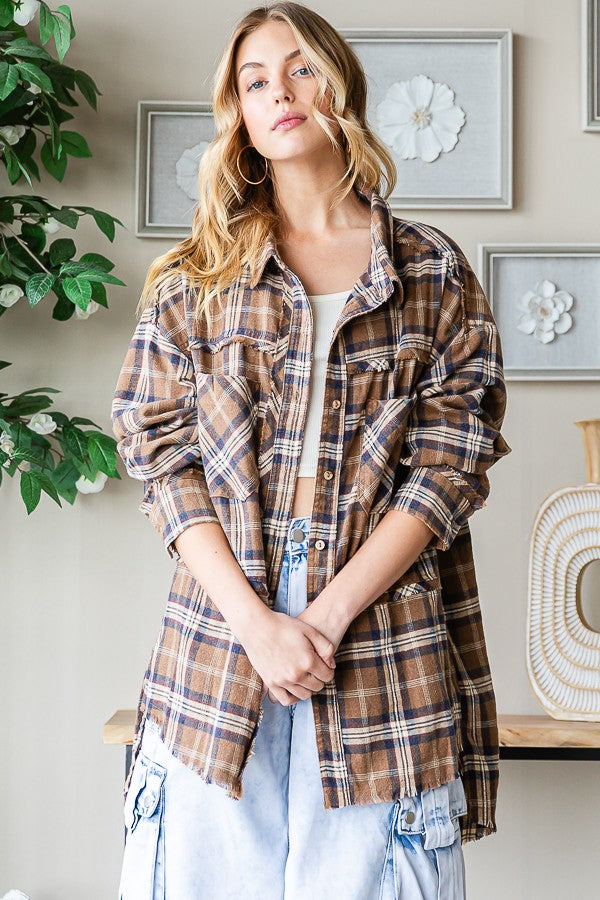 Oli & Hali Mineral Washed Plaid Shirts Top
