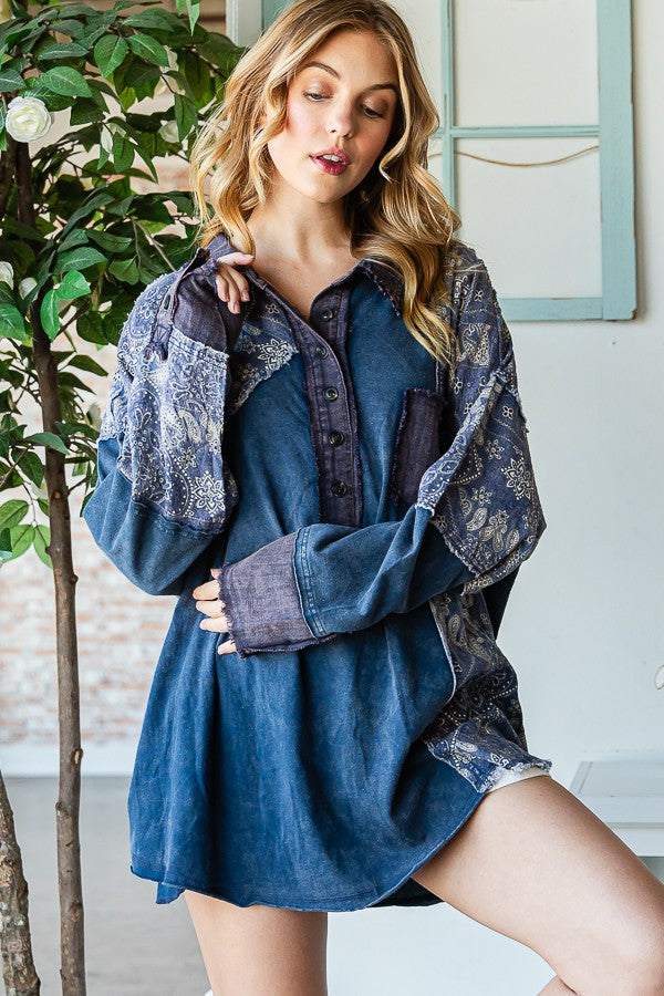 Oli & Hali Washed Fabric Mixed Long Sleeve Top