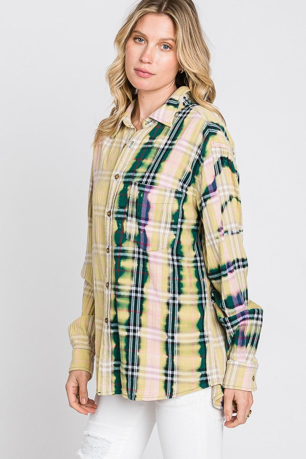 Oli & Hali Bleached Detail Front Pocket Plaids Top