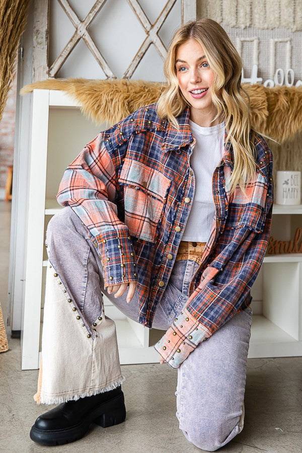 Oli & Hali Daisy Trimmed Washed Plaid Mixed Shirt Top