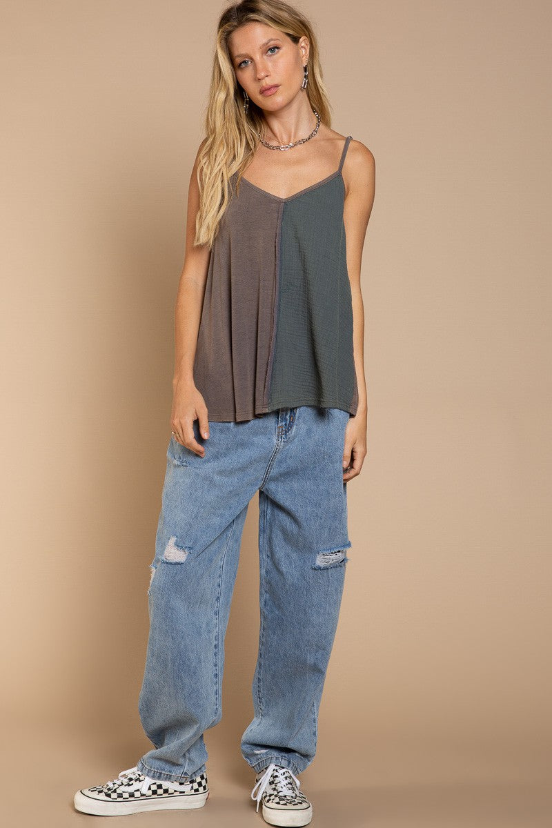 POL Color Block Cut Edge Sleeveless Relaxed Fit Top